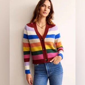 BODEN Olivia Merino Cardigan Rainbow Stripes sz L Boho Sweater Oversized Boxy